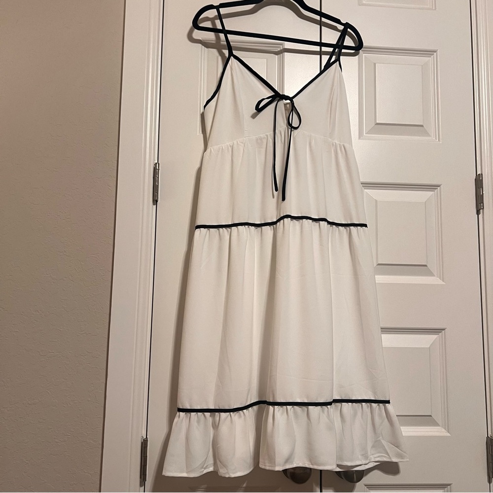 Ecowish Sleeveless Cami Tiered White Dress with Black Trim